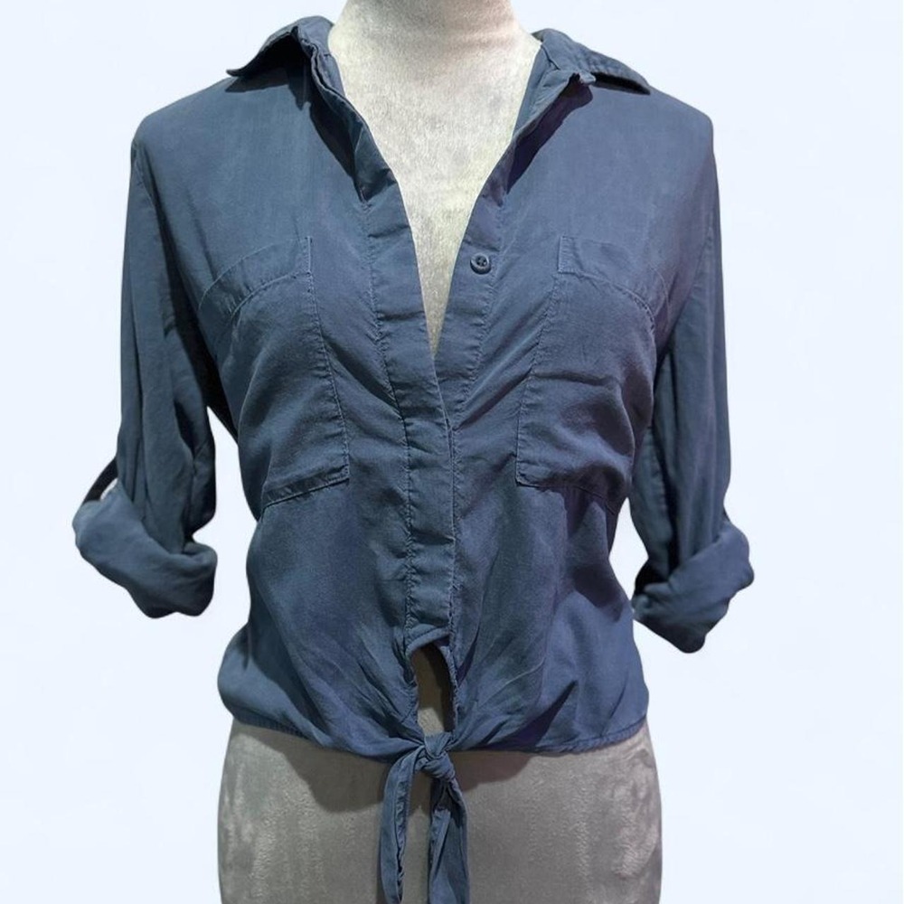Cloth and Stone Womens XS Slate Blue Tencel Tie Front Roll Tab Sleeve Shirt Top